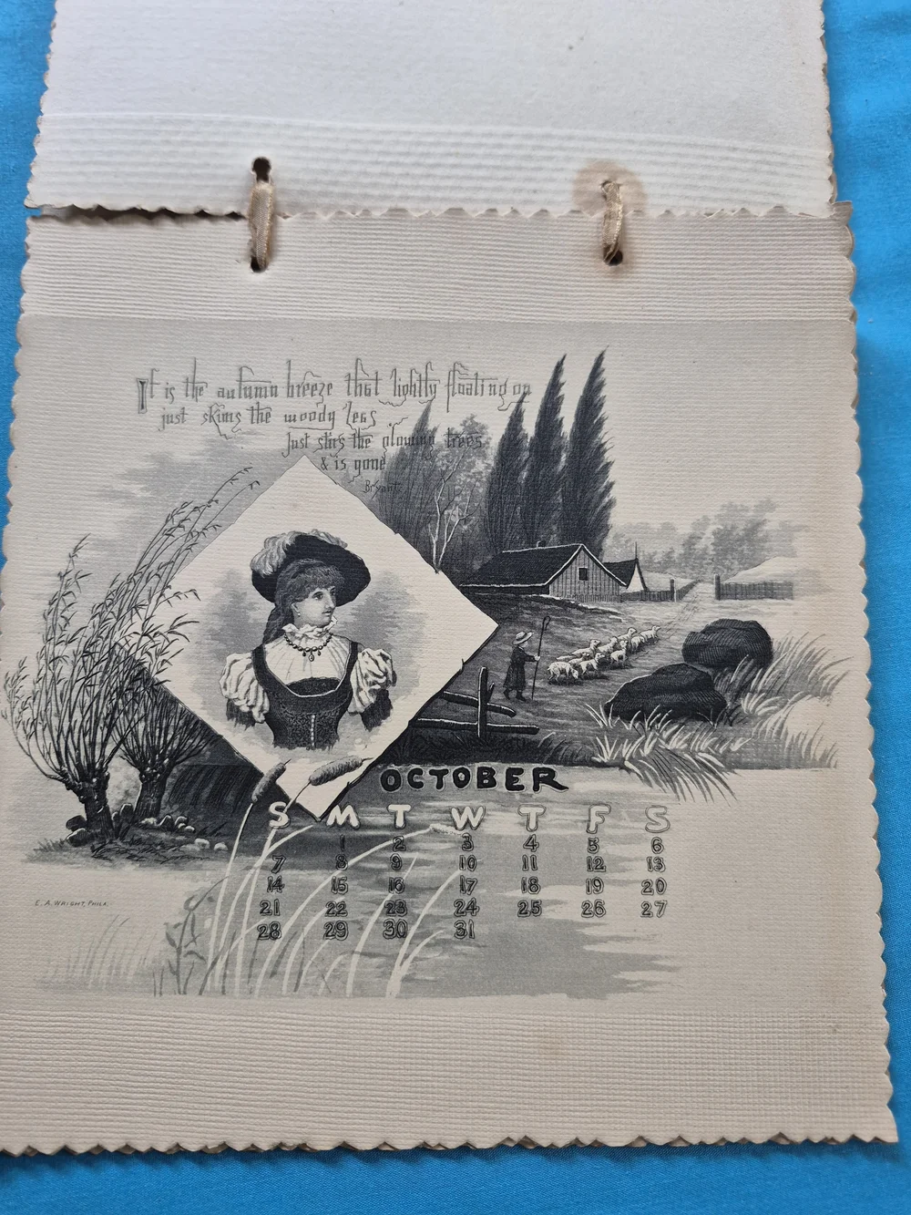 Antique 1888 Calendar 12 Pages Black & White E.A. Wright Philadelphia Engraver